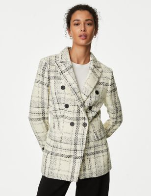 M&S Womens Tweed Tailored Double Breasted Blazer - 8 - Cream Mix, Cream Mix