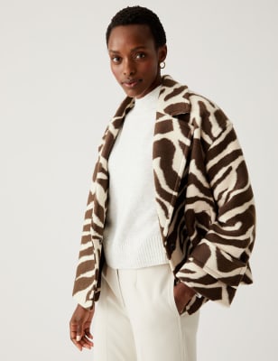 

Womens M&S Collection Brushed Zebra Print Relaxed Short Coat - Brown Mix, Brown Mix