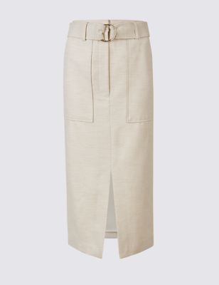 Cotton Blend Belted Pencil Midi Skirt | M&S Collection | M&S