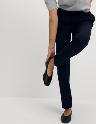 Marks And Spencer Womens M&S Collection Drawstring Tapered Ankle Grazer Trousers - Dark Navy, Dark Navy