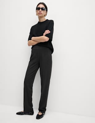 M&S Womens Jersey Straight Leg Trousers with Stretch - 12LNG - Charcoal, Charcoal,Black,Dark Navy