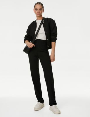 M&S Womens Jersey Straight Leg Trousers with Stretch - 6REG - Black, Black,Dark Navy,Charcoal