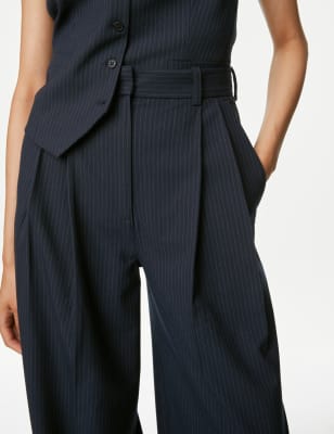 

Womens M&S Collection Hose mit weitem Bein, Bundfalten vorne und Nadelstreifen - Navy Mix, Navy Mix