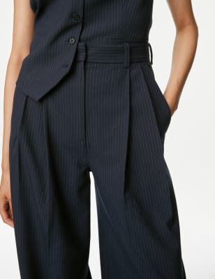 

Womens M&S Collection Pinstripe Pleat Front Wide Leg Trousers - Navy Mix, Navy Mix