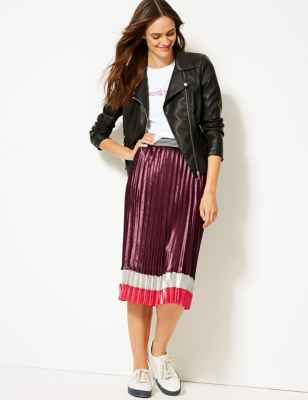 Colour Block Satin Pleated Midi Skirt