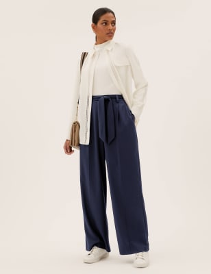 

Womens M&S Collection Belted Wide Leg Trousers - Navy, Navy