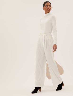 

Womens M&S Collection Belted Wide Leg Trousers - Soft White, Soft White