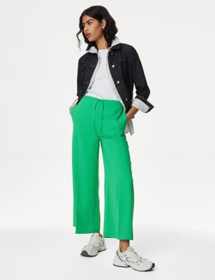 M&S Women's Elasticated Waist Wide Leg Cropped Trousers - 8SHT - Medium Green, Medium Green
