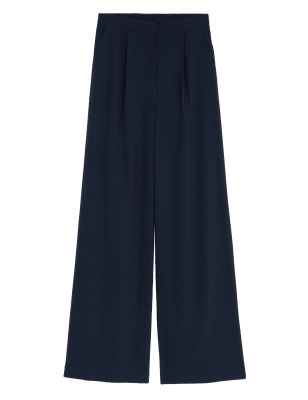 

Womens M&S Collection Satin Pleat Front Wide Leg Trousers - Navy, Navy