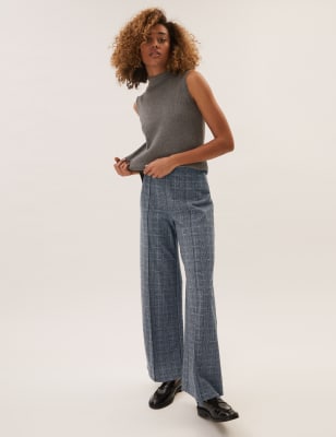 

Womens M&S Collection Jersey Checked Wide Leg Trousers - Grey Mix, Grey Mix