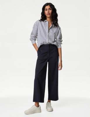 Cotton Blend Wide Leg Cropped Chinos - KR