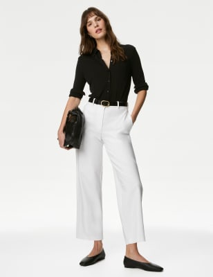 Cotton Blend Wide Leg Cropped Chinos