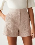 Linen Blend Broderie High Waisted Shorts
