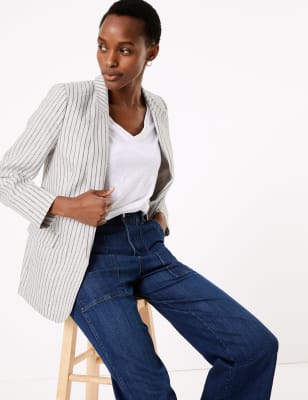 Zuiver linnen, gestreepte blazer met &eacute;&eacute;n rij knopen