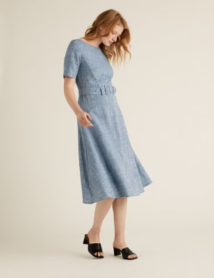  Robe midi coupe ajustée en lin avec ceinture - Chambray