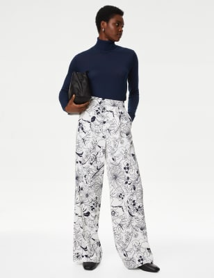 Satin Twill Floral Wide Leg Trousers