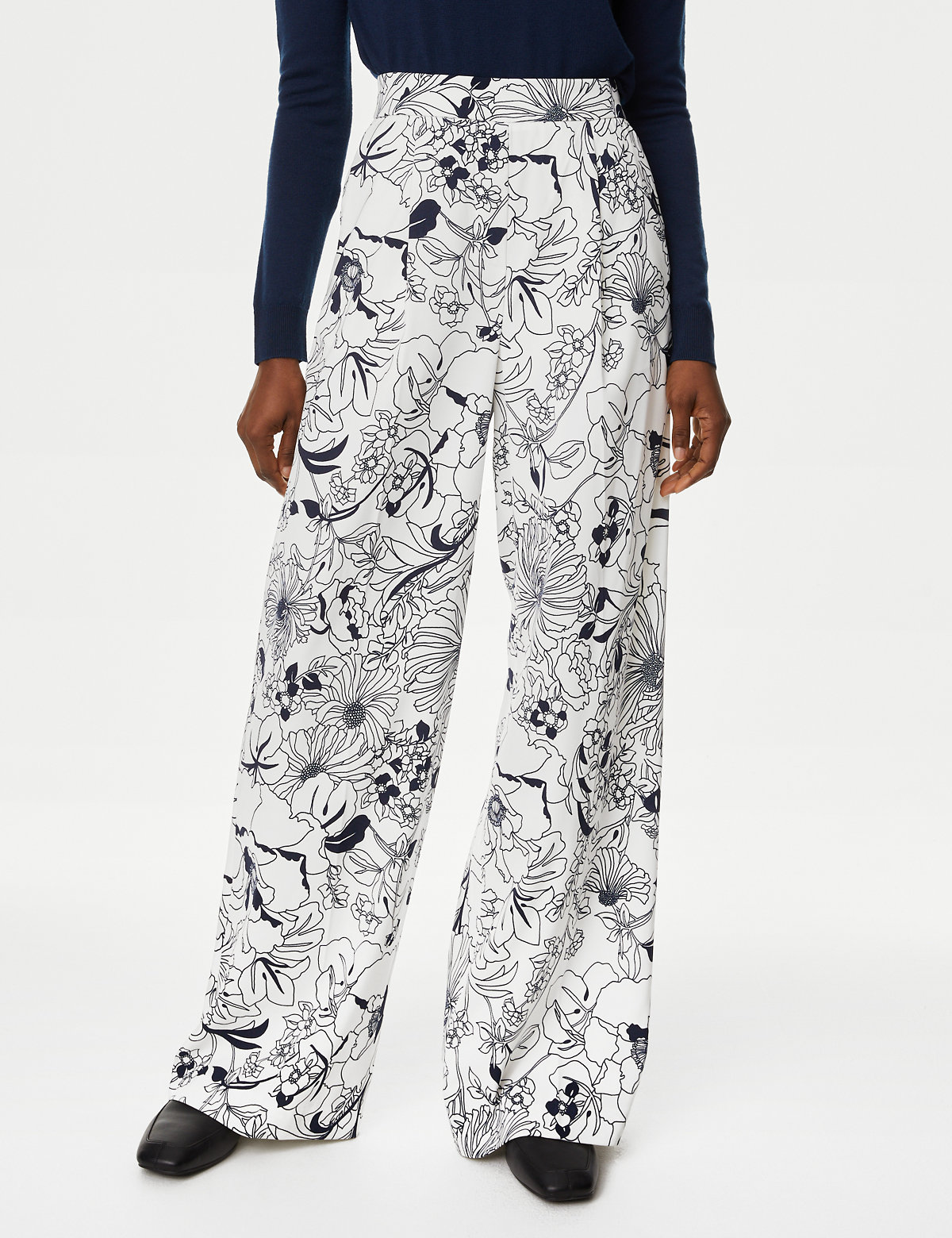 Satin Twill Floral Wide Leg Trousers