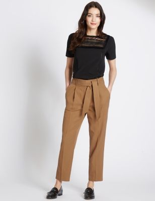 Cotton Blend Belted Tapered Leg Trousers