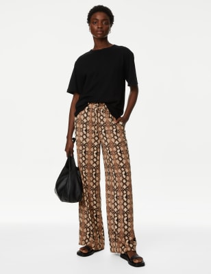 Snake Print Drawstring Wide Leg Trousers