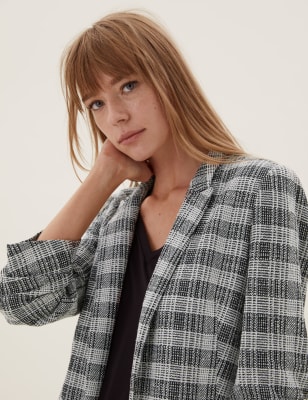 

Womens M&S Collection Jersey Checked Ruched Sleeve Blazer - Grey Mix, Grey Mix