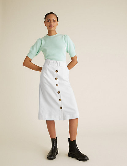 Button Front Midi A-Line Skirt