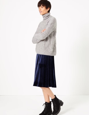 Jupe midi en velours et jersey &agrave; pois