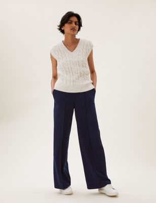 

Womens M&S Collection Pinstripe Drawstring Wide Leg Trousers - Navy Mix, Navy Mix