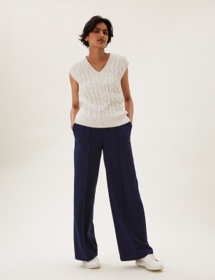 

Womens M&S Collection Pinstripe Drawstring Wide Leg Trousers - Navy Mix, Navy Mix