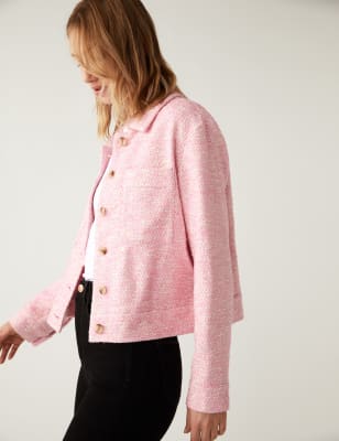 

Womens M&S Collection Bequeme, kurze Trucker-Jacke aus Tweed mit Kragen - Pink Mix, Pink Mix