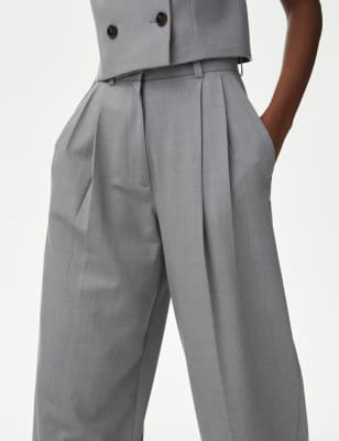 M&S Womens Pleat Front Relaxed Wide Leg Trousers - 10LNG - Grey Marl, Grey Marl,Butterscotch,Black