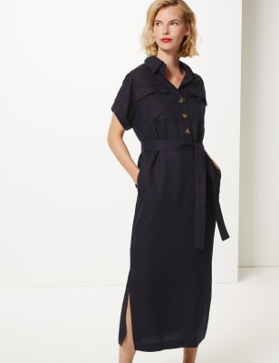 Linen Blend Midi Shirt Dress