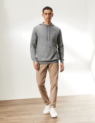 

JAEGER Mens Wool With Cashmere Knitted Hoodie - Grey Marl, Grey Marl