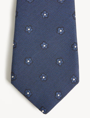 

JAEGER Mens Italian Woven Floral Silk and Cotton Tie - Blue, Blue