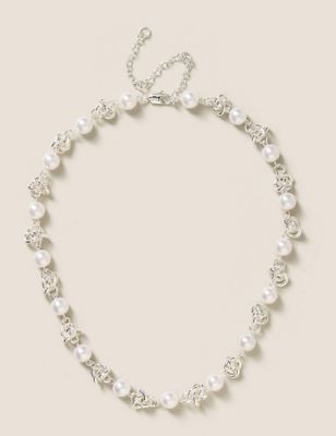 M&S Womens Pearl Knot Chain Necklace - Silver, Silver