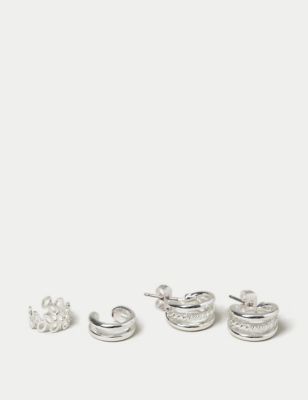 M&S Womens 3 Pack Silver Tone Ear Party, Silver