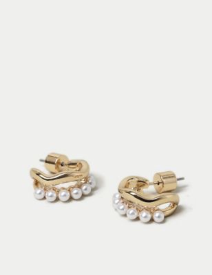 M&S Womens Gold Tone Pearl Hoop Earrings, Gold