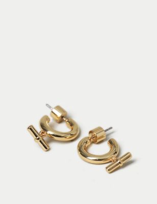 M&S Womens 14ct Gold Plated T-Bar Hoop Earrings, Gold