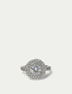 M&S Womens Platinum Plated Circle Stone Ring - S-M - Crystal, Crystal