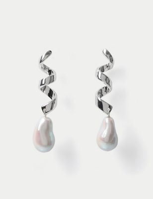 M&S Women's Silver Tone Spiral Pearl Earrings, Silver