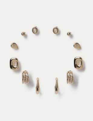 M&S Women's 6 Pack Gold Tone Hoop and Stud Earring Set, Gold