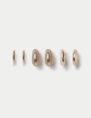 M&S Women's 3 Pack Gold Tone Textured Hoop Earrings, Gold