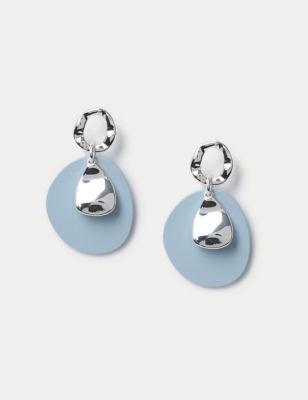 M&S Women's Silver Tone Blue Matte Link Drop Earrings, Blue
