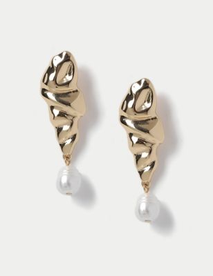 M&S Womens Gold Tone Pearl Molten Drop Earrings, Gold
