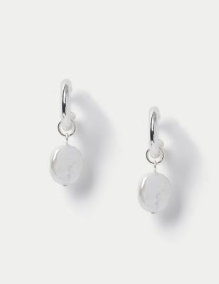 M&S Womens Silver Tone Pearl Drop Hoop Earrings, Silver