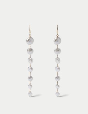 M&S Women's White Pearl Long Drop Duster Earrings, White