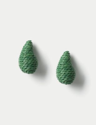 M&S Women's Green Raffia Textured Tear Drop Earrings, Green
