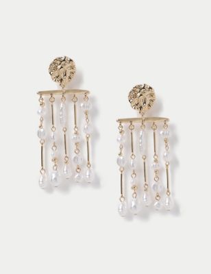 M&S Womens Gold Tone Glass Pearl Drop Tassel Earrings, Gold