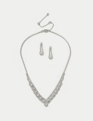 M&S Womens Rhinestone Drop Earring And Neckwear Set - Silver, Silver
