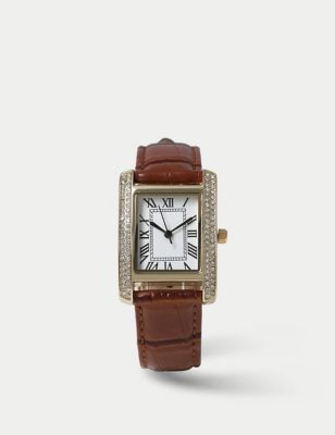 M&S Womens Faux Leather Rhinestone Watch - Brown, Brown
