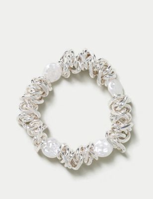 M&S Womens Knotted Pearl Strech Bracelet - Silver, Silver